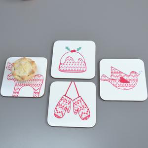 Little Red Apple Christmas Coasters 4 Pack. Handmade in Bristol. Scandi Style.  Edit alt text