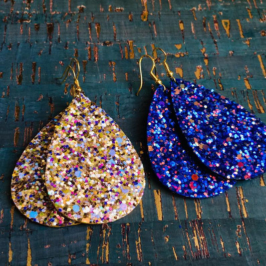Fabric glitter earrings made by E.giraffe a Bristol independent maker.
