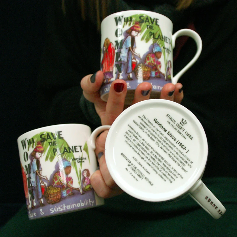 Women will save the planet mug, Vandana Shiva designed by Clare Andrews, made by Stokes Croft China in Bristol