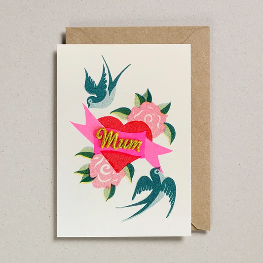 Mum Card, swallows with roses and a heart.