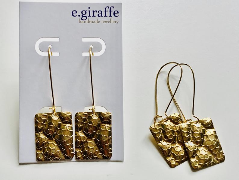 Gold Honeycomb earrings, made from brass. Handmade in Bristol