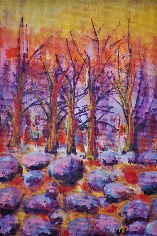 Viv Hunter Art Card.  Print of a painting, dream woods, bright colours of purples and oranges.