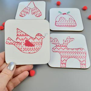 Little Red Apple Christmas Coasters 4 Pack. Handmade in Bristol. Scandi Style.  Edit alt text