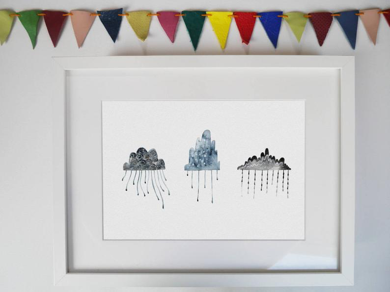 Hattie Tuckwell Rain cloud art print, Every Cloud has a silver lining, handmade in Bristol.