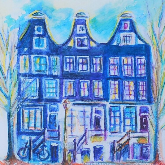 Viv Hunter Art occasional card.  Blue Amsterdam houses drawn with pastel.  Card blank inside.