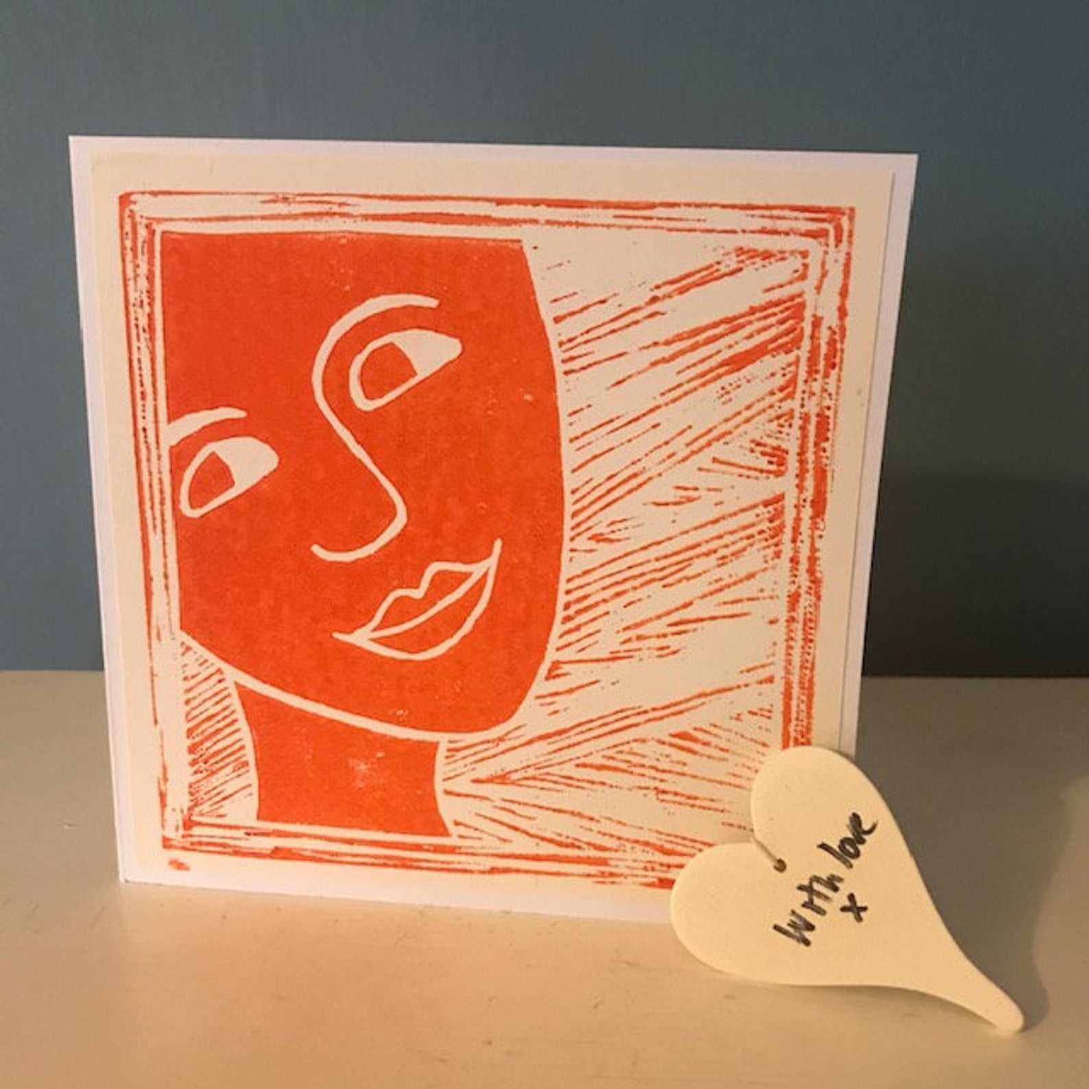 Face II Hand printed lino cut greeting card. Blank inside for your very own message.