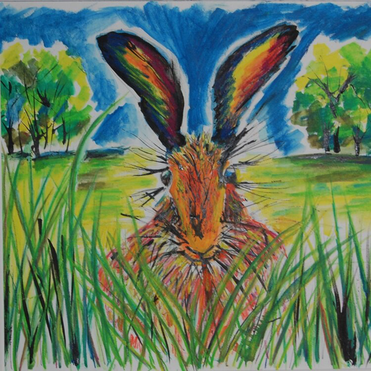 Viv Hunter Art Card.  Colourful painting of a hare in grass.