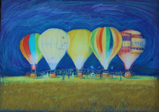 Viv Hunter Art Card.  Colourful painting of the Bristol Balloon Glow.