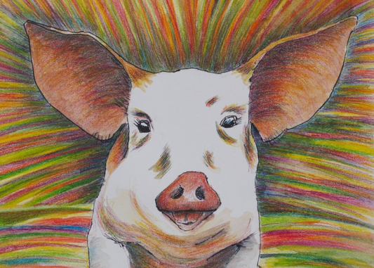 Viv Hunter Art Card.  Colourful painting of a happy pig, with a colourful background.