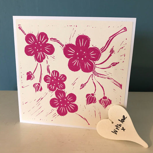 Handprinted lino print of pink blossom card. Handmade in Bristol.