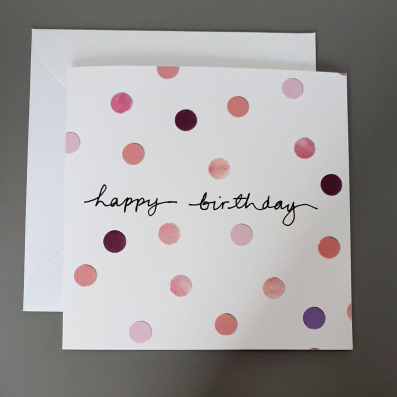 Little Red Apple. Dotty Birthday Card in blush pink colours.  Edit alt text