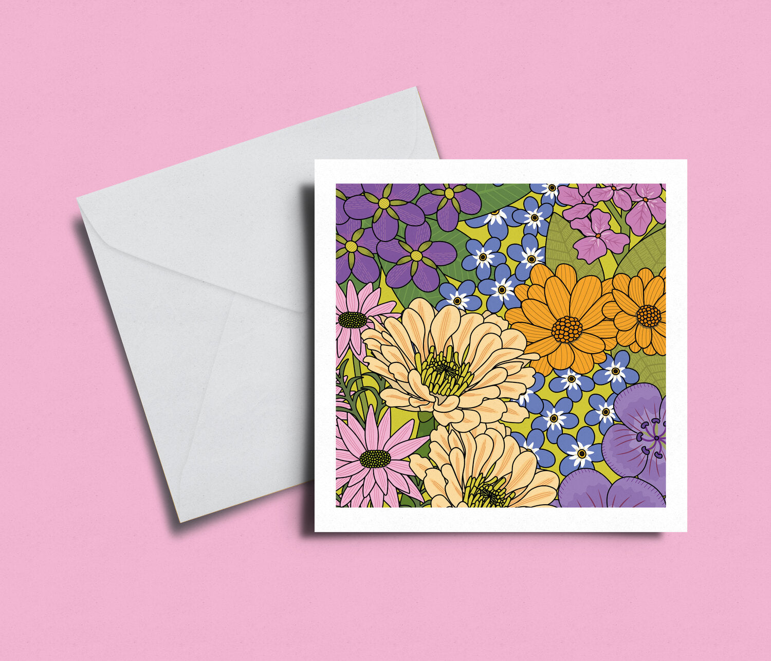 A card adorned with a digitally designed illustration of beautiful flowers, blank inside, 14 cm x 14cm.