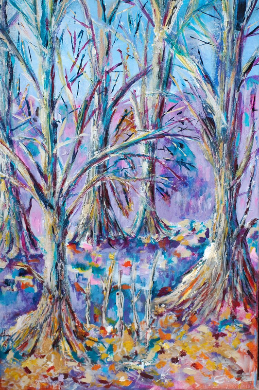Viv Hunter Art card.  Frosty pinks and blues of a wood scene.