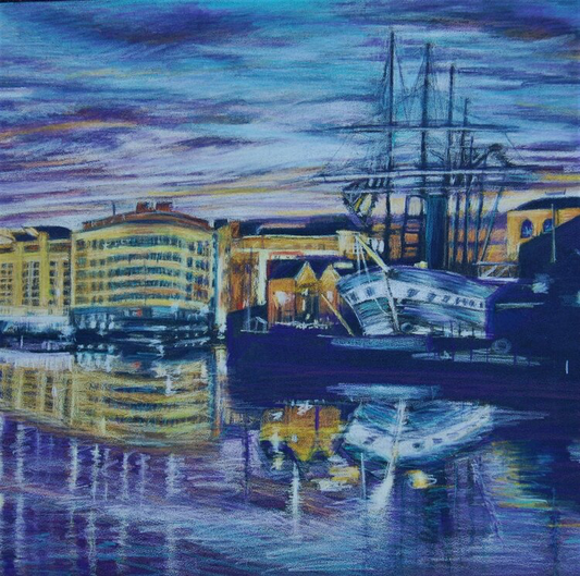 Viv Hunter Art Card.  Print from original painting night view across water of the SS Great Britain.