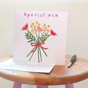 Little Red Apple Special Mum Card great for Mother's Day, Thank you Mum, lovely bouquet of flowers. Made in Bristol.  Edit alt text