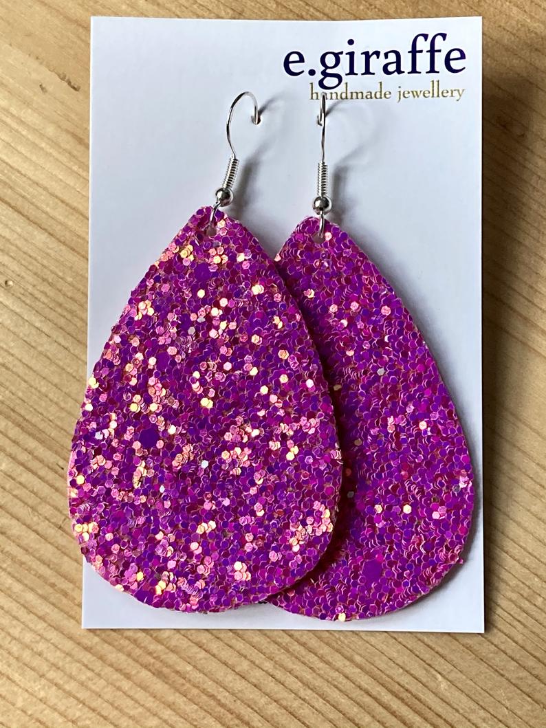 Fabric glitter earrings made by E.giraffe a Bristol independent maker.