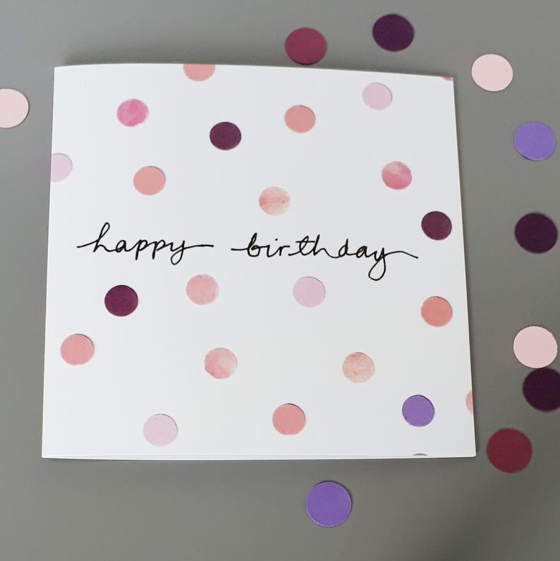 Little Red Apple.  Dotty Birthday Card in blush pink colours.