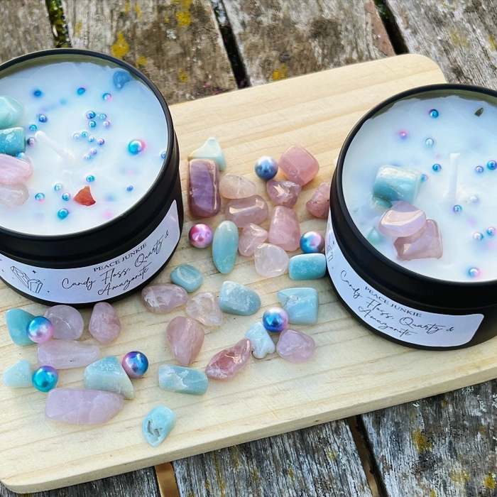 Candy Floss, Rose Quartz And Amazonite Soy Candle