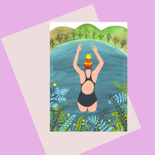 Laura Robertson Wild Swimming Woman Card.  Woman in bathing suit and bobble hat, perfect for lovers of wild swimming.