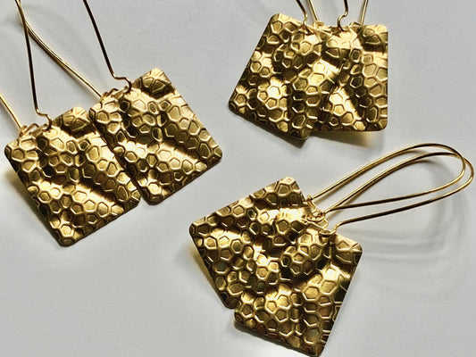 Gold Honeycomb earrings, made from brass.  Handmade in Bristol