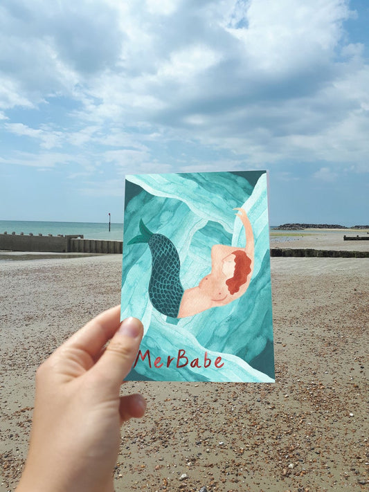 Hattie Buckwell a Bristol illustrator. Merbabe illustration greetings card, handmade in Bristol. Blank inside.