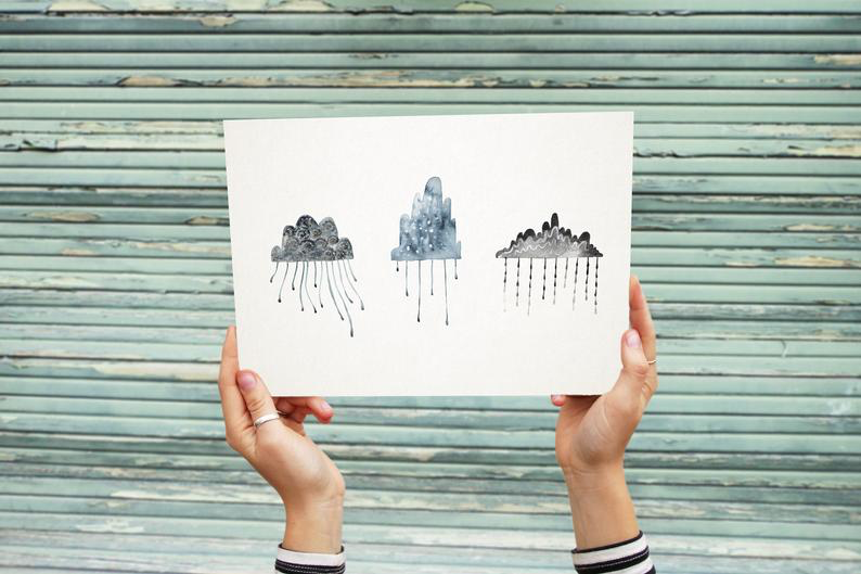 Hattie Tuckwell Rain cloud art print, Every Cloud has a silver lining, handmade in Bristol.