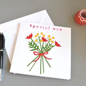 Little Red Apple Special Mum Card great for Mother's Day, Thank you Mum, lovely bouquet of flowers. Made in Bristol.  Edit alt text