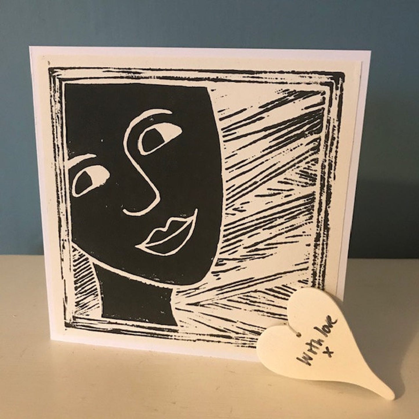 Face II Hand printed lino cut greeting card. Blank inside for your very own message.