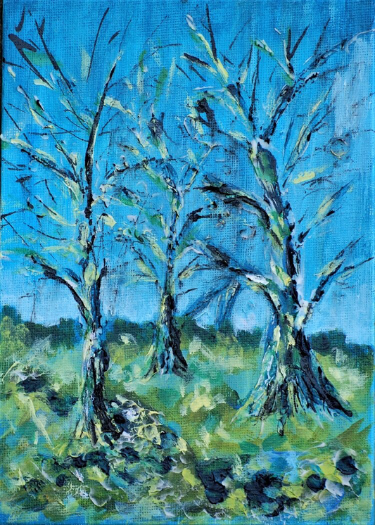 Viv Hunter Art Card.  Springs promise, print from original oil painting.  3 trees against a blue sky.