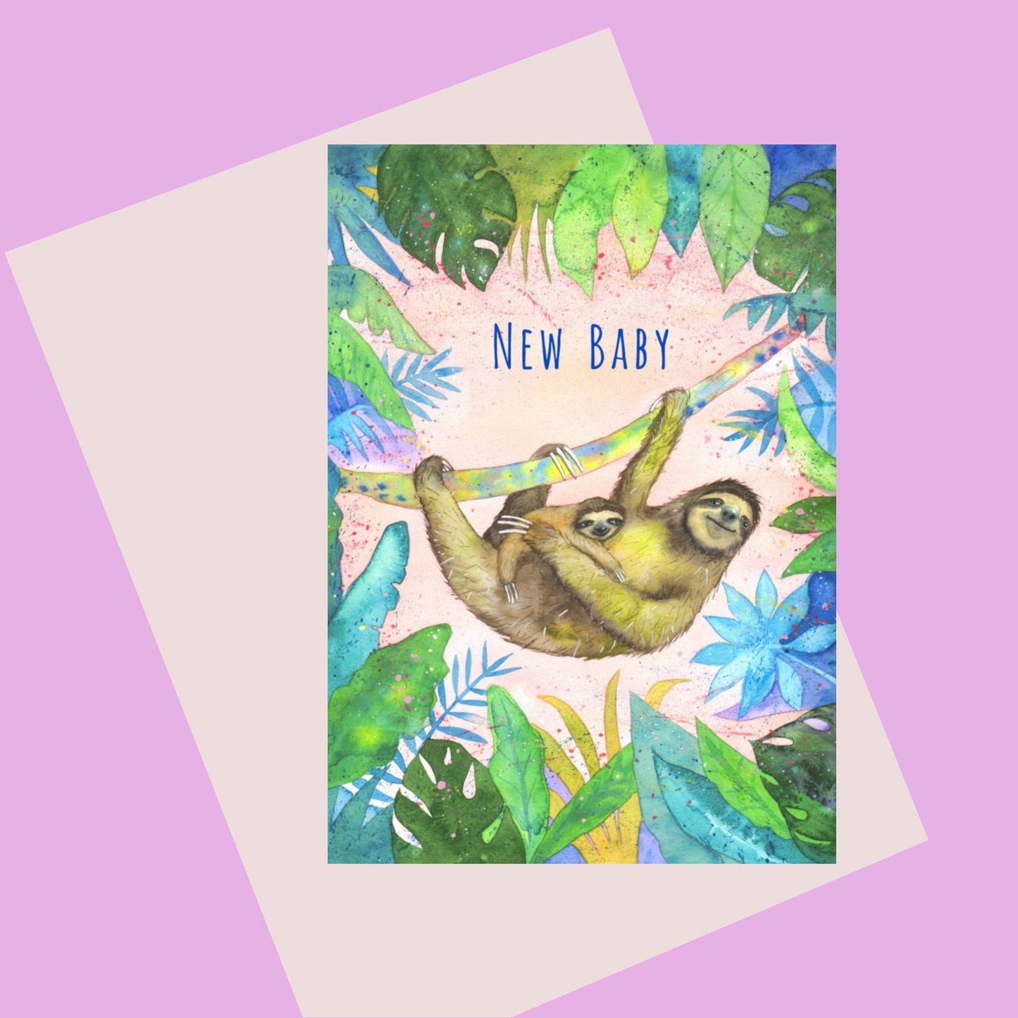 New Baby Card. A lovely illustration of a mother and baby sloth, Text on card reads New Baby.  Original painting by Laura Robertson a Bristol artists.