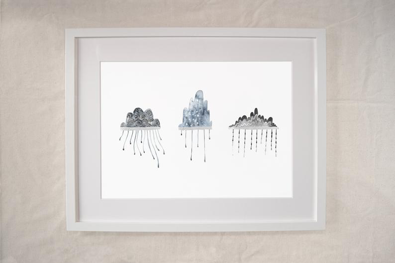 Hattie Tuckwell Rain cloud art print, Every Cloud has a silver lining, handmade in Bristol.