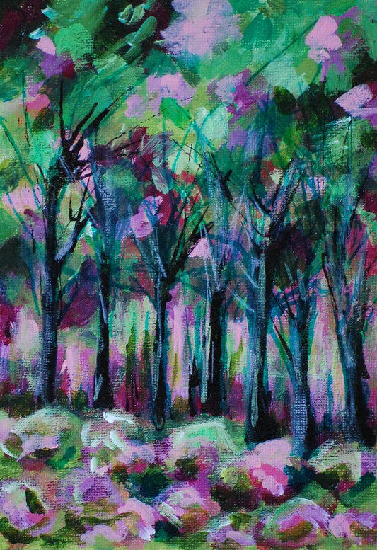 Viv Hunter Art Cards.  Print from painting of dream woods in greens and pink.