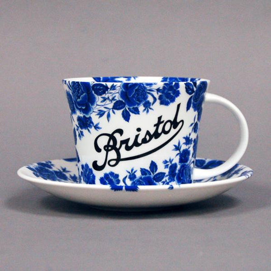 Stokes Croft China Breakfast cup and saucer, with the blue rose and the classic Bristol scroll.  Individually deorated in Bristol.