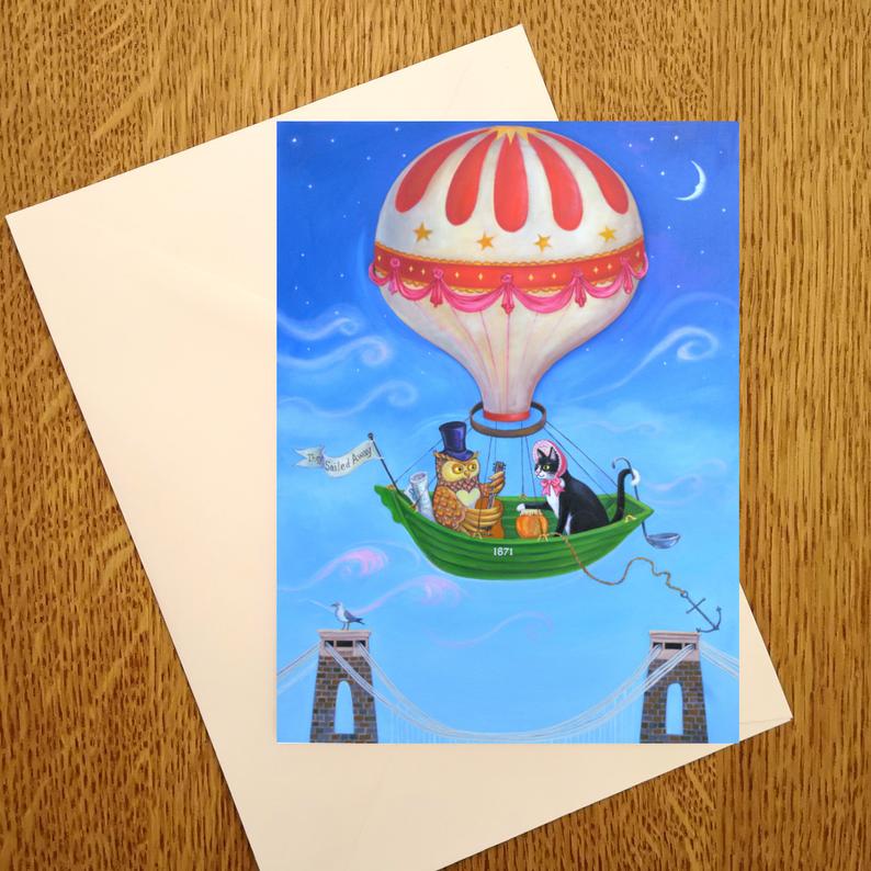 Bon Voyage Bristol, Illustration of the Owl and the Pussycat in a pea green boat Hot Air balloon flying over Bristol Suspension Bridge. Perfect card for anyone leaving Bristol.