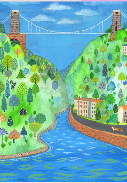 Iconic Bristol Scene of the Bristol Suspension Bridge with a little fox . Print from original painting by Laura Robertson.  Edit alt text