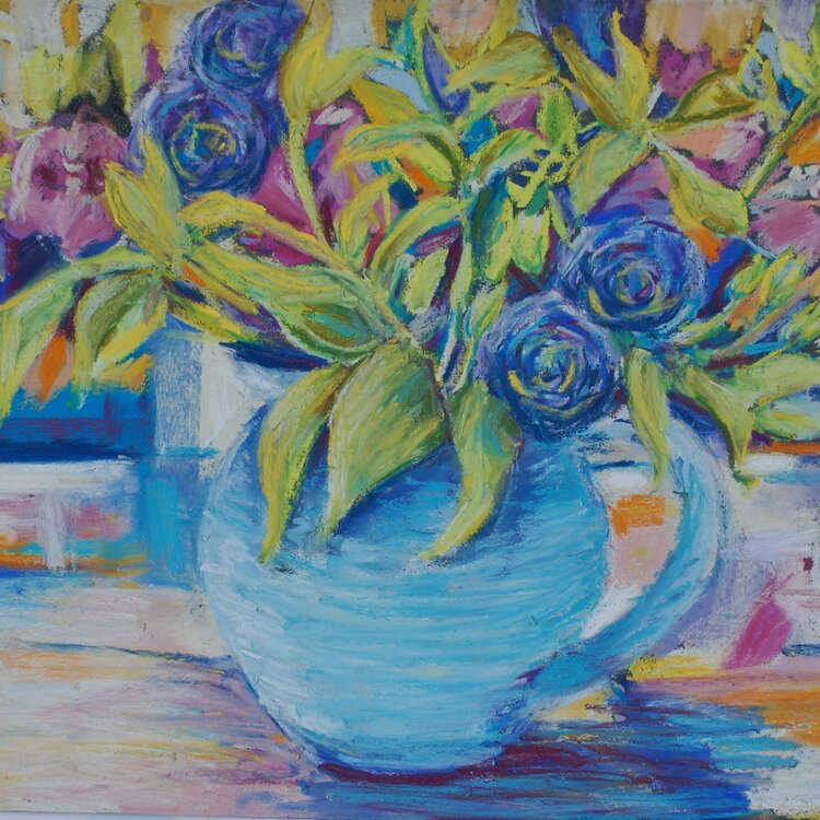 Viv Hunter Card. A Casual Flower arrangement  Blue roses in a blue ceramic vase. Print from a pastel painting.
