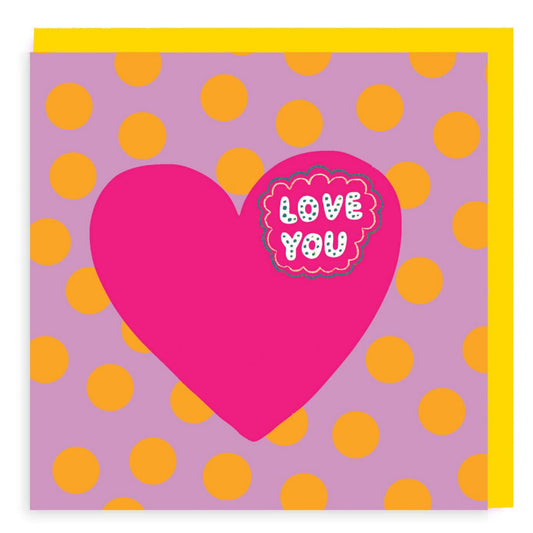 Love You message card with graphic style pink heart. Background is lilac with yellow spots