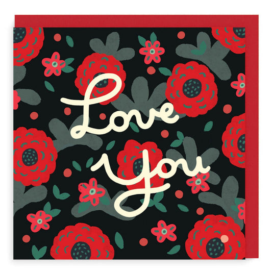 Love You message card with stylised red roses