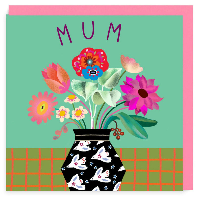 Mum card with black vase with white doves and pink and red flowers illustration