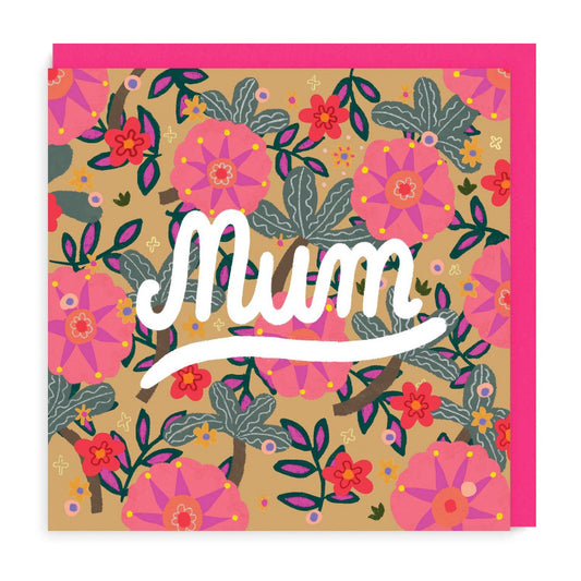 Mum card with pink flowers, green leaves and khaki background