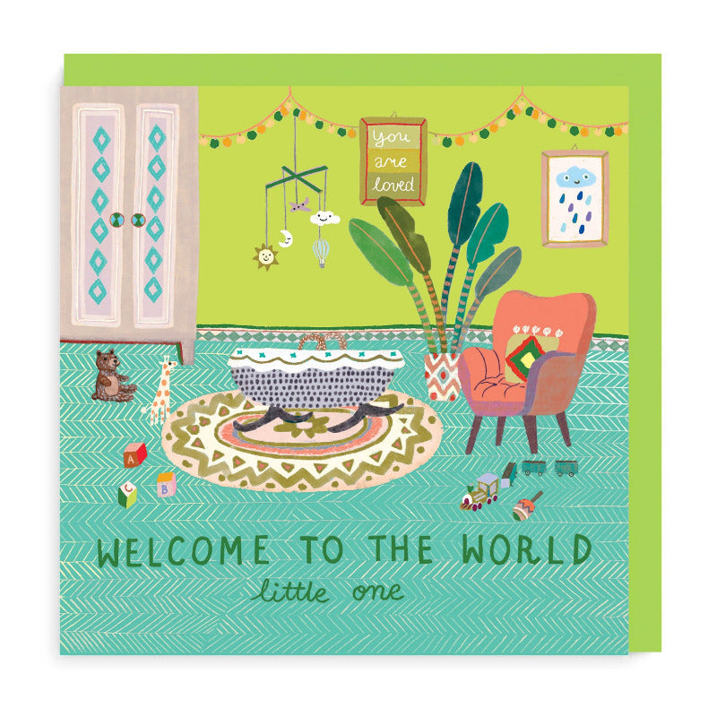 Welcolme to the world little one message card with folk style illustration of nursery in blue and green