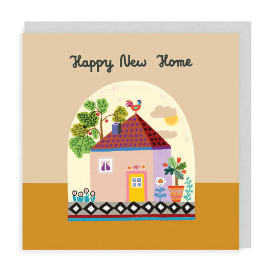 Happy new home card with folk style illustration of pink house with flower pots and tree and cockerel on roof.