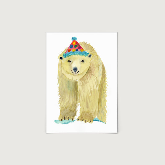Rosie Webb a bristol based water colour illustrator.  A happy polar bear in a party hat.