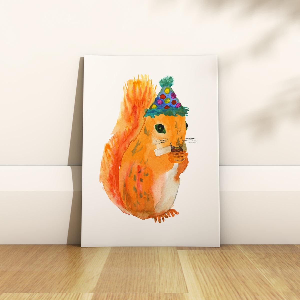 Bristol based water colour illustrator Rosie Webb squirrel in a party hat.