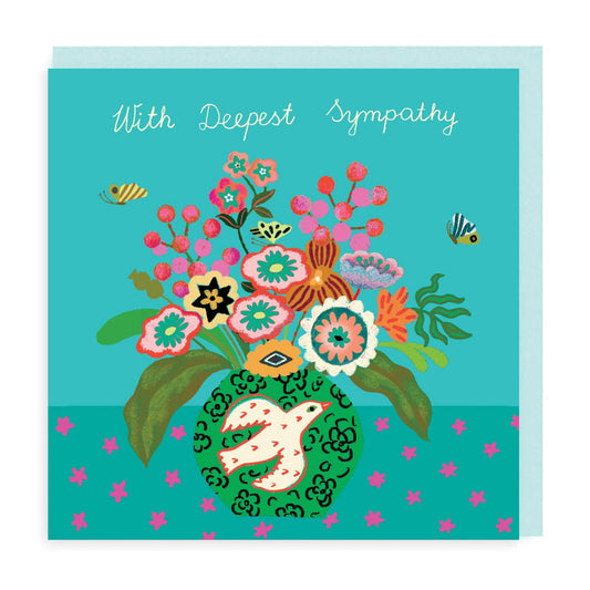 Card With Deepest Sympathy message. Stylised colourful flowers and dove on turquoise background