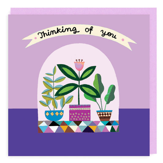 Thinking Of You message card. Folk art style potted plants illustration with purple and lilac background