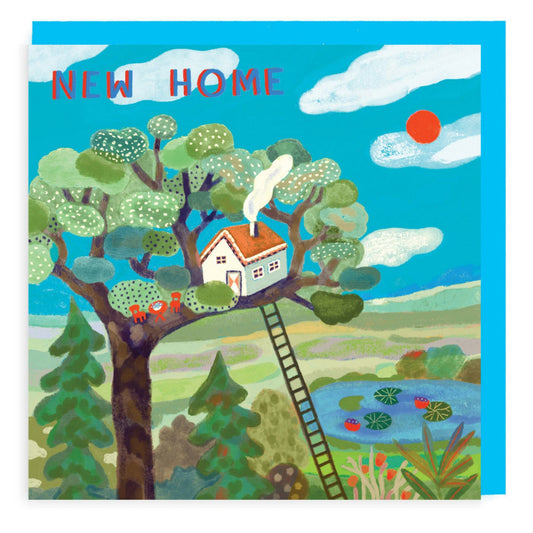 Card with colourful folk style illustration of house in a tree with ladder.