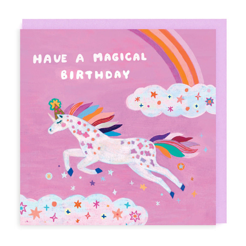 Have a magical birthday message card with unicorn flying through clouds and rainbow illustration. Pink background.