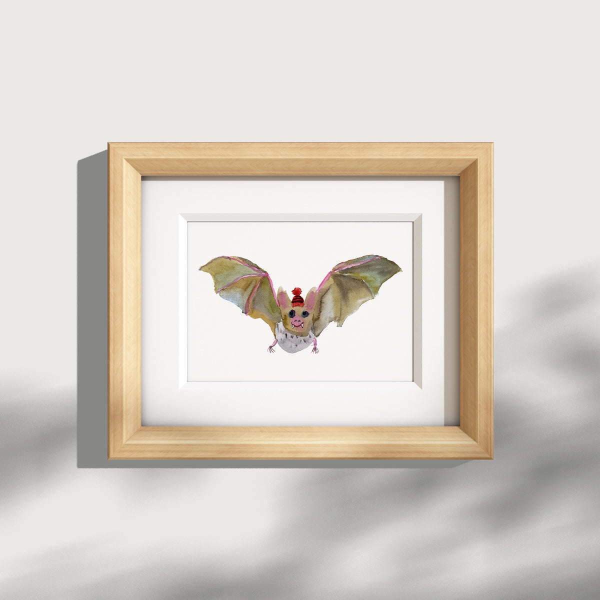 Bristol Based illustrator Rosie Webb, water colour of a bat in a party hat