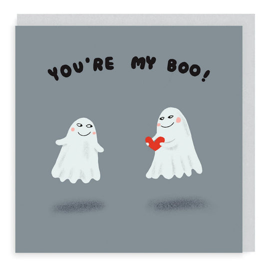 Your My Boo message card. two stylised ghosts with one holding a red heart on grey background